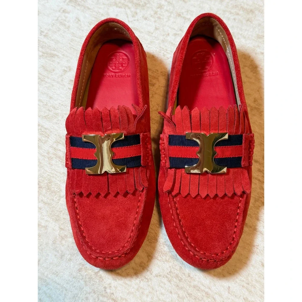 Tory Burch Red Suede Kiltie Fringe Driving Loafers Gold Logo Buckle Flats 6.5